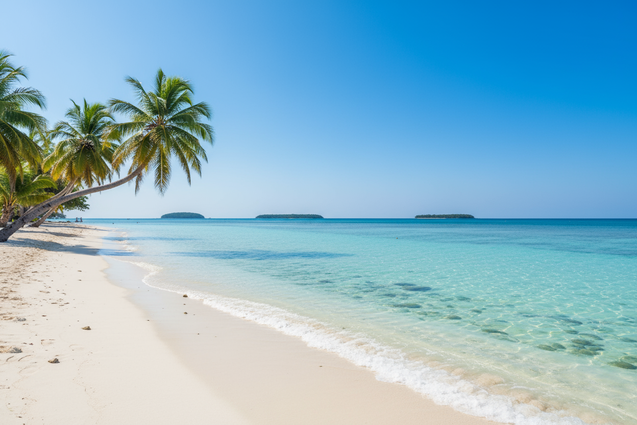 white sand beach with a few palm trees and clear turqouis water and gentle waves with amazing sunshine