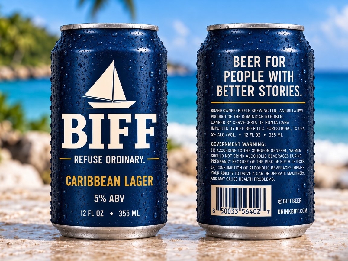 Biff Beer Caribbean lager can on a dark navy background
